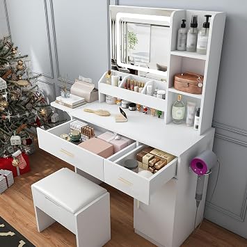 Vanity Desk with LED Mirror Lights and Power Outlet Charging Station, Makeup Dressing Table with 3 Drawers, 7 Shelves and Storage Stool, for Girls and Women White