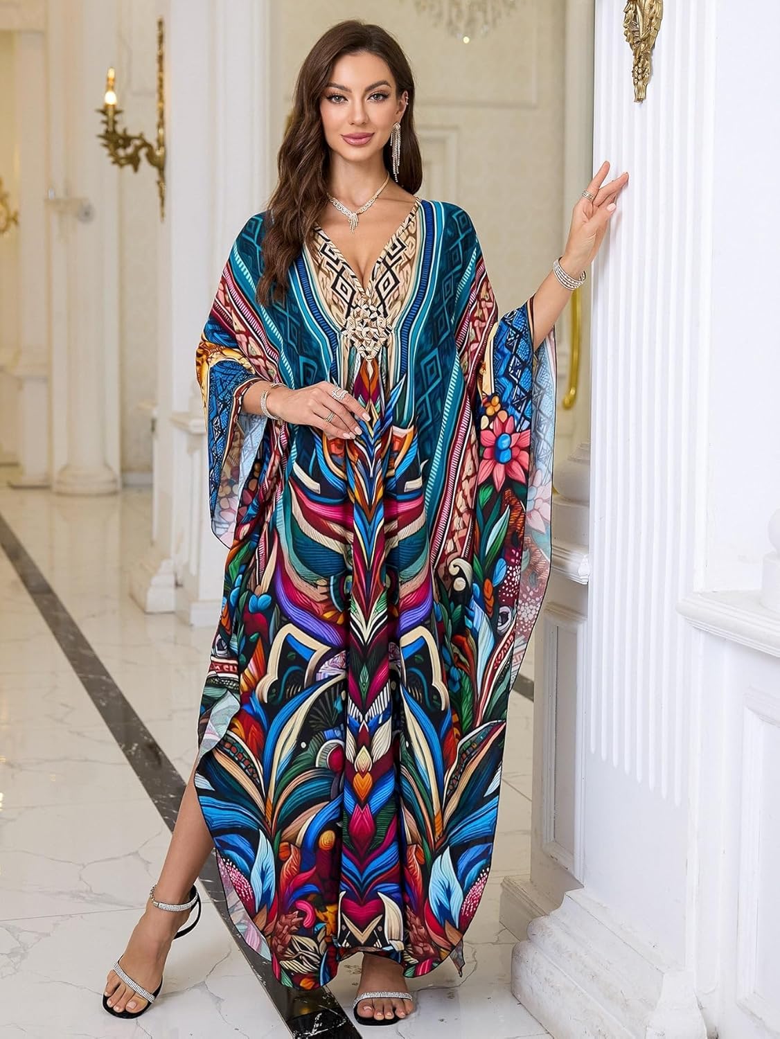 Women’s Kaftan Beach Cover Up Dress Plus Size Summer Swimsuit Loungewear Maxi Dress - Image 7