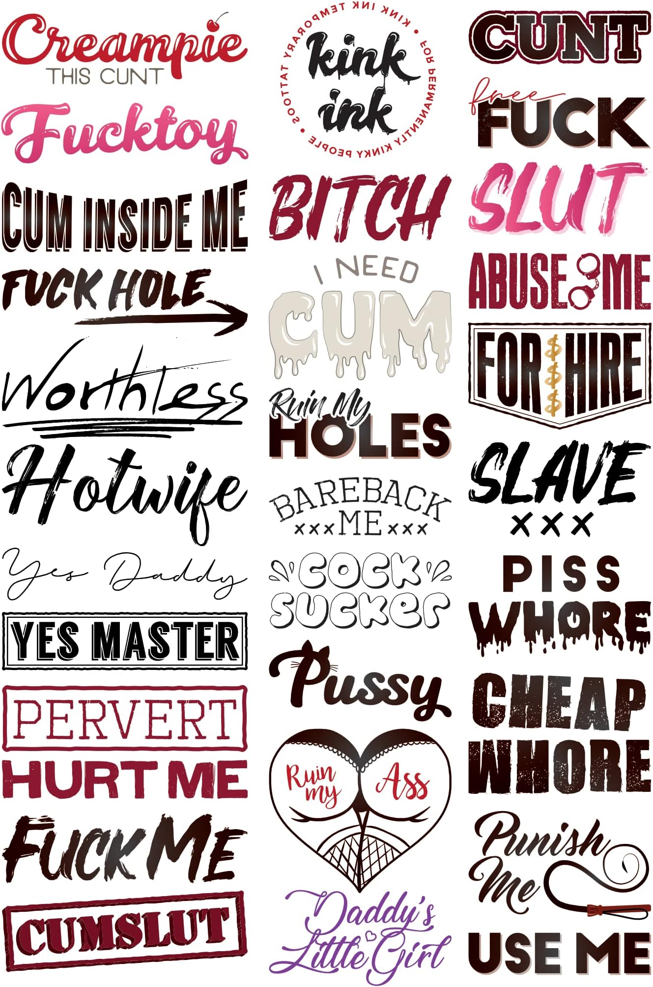 30 Temporary Tattoos Adult Sexy Naughty Hardcore Words and Phrases, Long Lasting Semi Permanent Small to Medium Sized Fake Tattoos for Men and Women on A4 Sheet