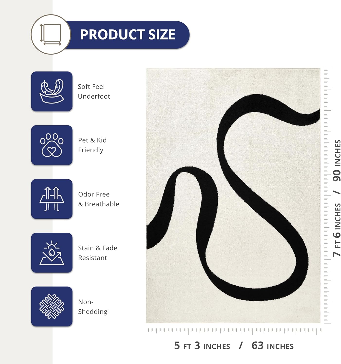Abani Black and Cream Area Rug | 5' x 8' White Abstract Swirl Wave Carpet | Beige/Ivory Geometric Wave Design | for Living Room, Bedroom and Office | Medium Pile