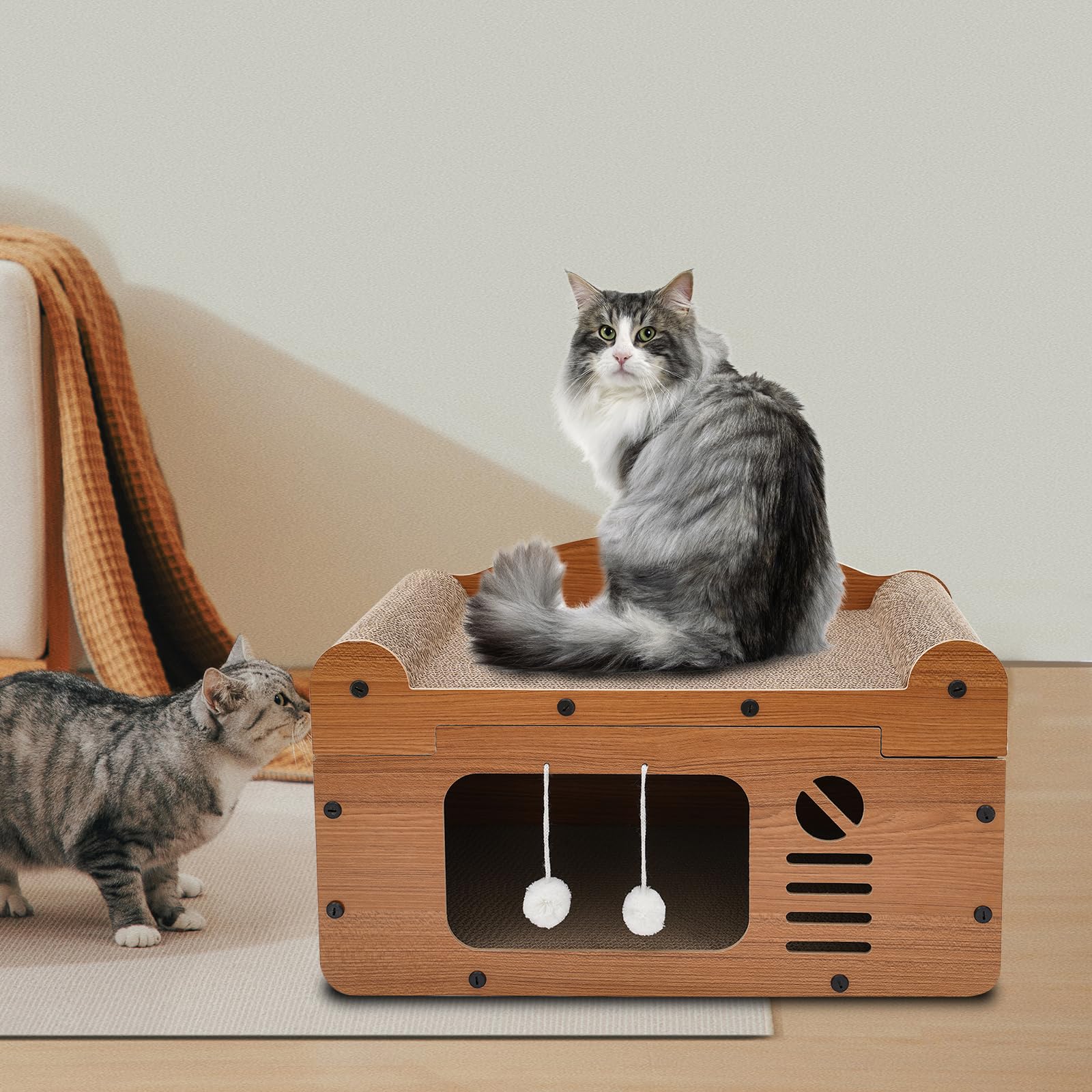 Cuccia per gatti, pieghevole, con palline, in cartone ondulato, per animali domestici di piccole dimensioni, per il riposo interno, per giocare (marrone, porta singola)