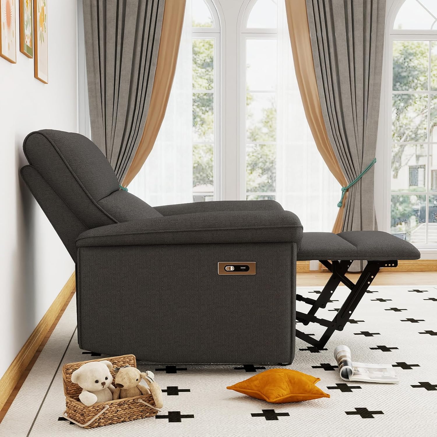 Wall Hugger Recliners for Small Spaces, Zero Wall Power Recliner on Clearance, Fabric RV Recliner, Home Theater Seating for Living Room w/USB Ports (Dark Gray)