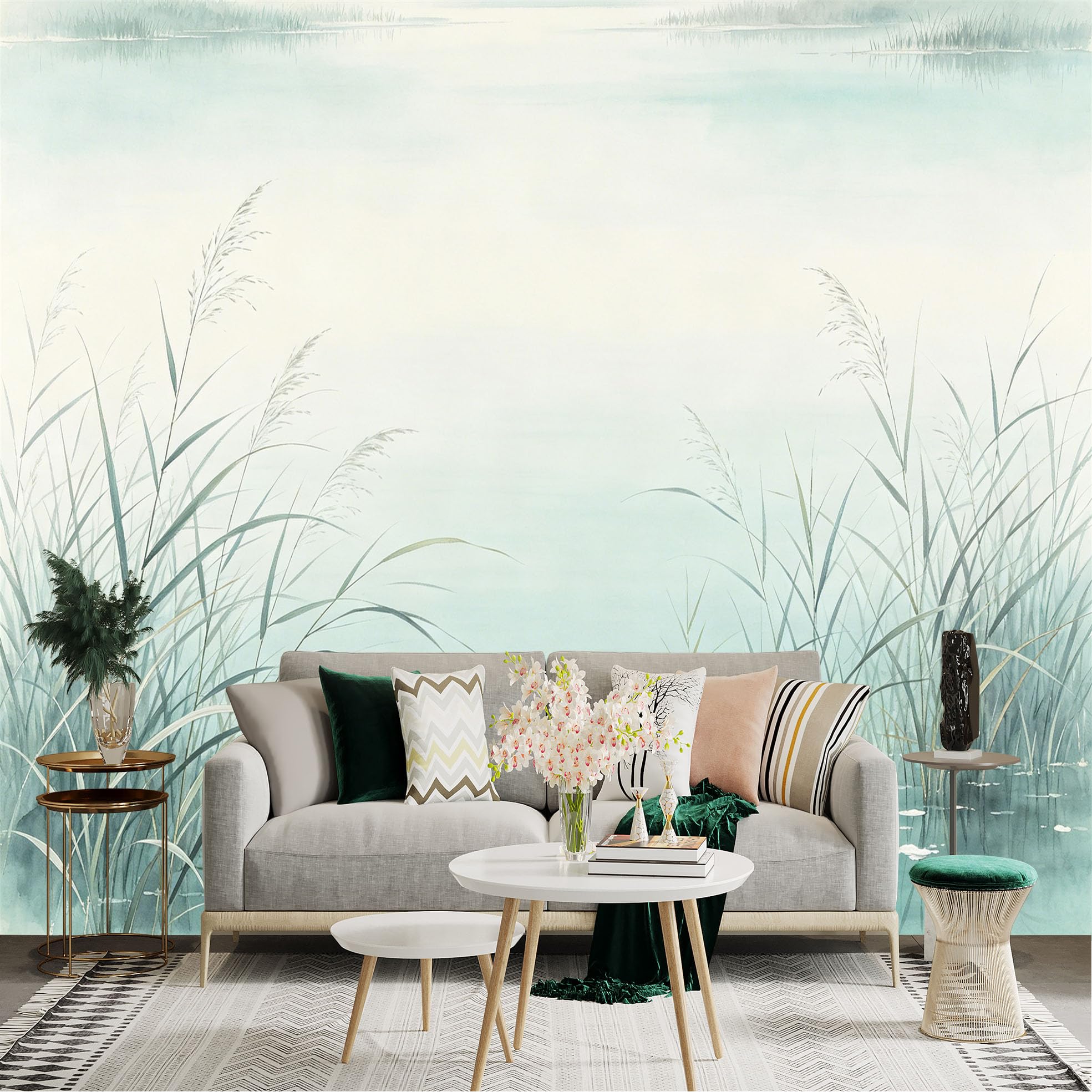 Lnzczhyre Dbh260521880 Custom Size Wall Sticker Mural， Watercolor Reed In Calm Lake， Minimalist River Scenery， Zen Nature Style， For Wall Decoration， Peelandstick Wall Decals.