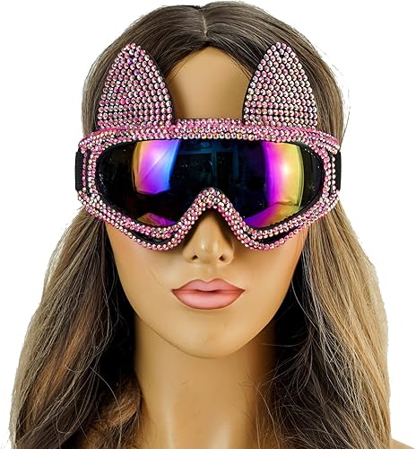 BEYOND MASQUERADE B Gafas de esquí para mujer, gafas de cosplay con orejas de conejo, máscara de esquí con diamantes de imitación brillantes