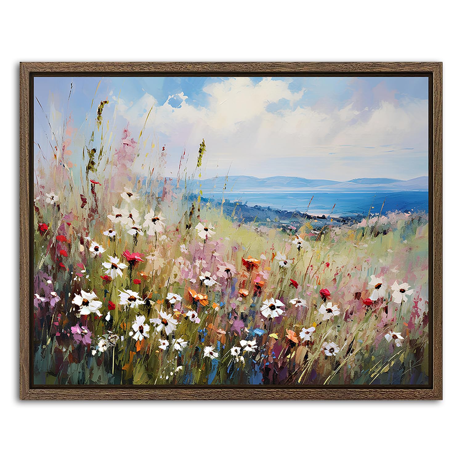 Abstract Wildflower Wall Art Colourful Flower Pictures for Living Room Decor Rustic Floral Landscape Canvas Prints Nature Coastal Scenery Framed Artwork for Bathroom Home Decorations 20x25cm