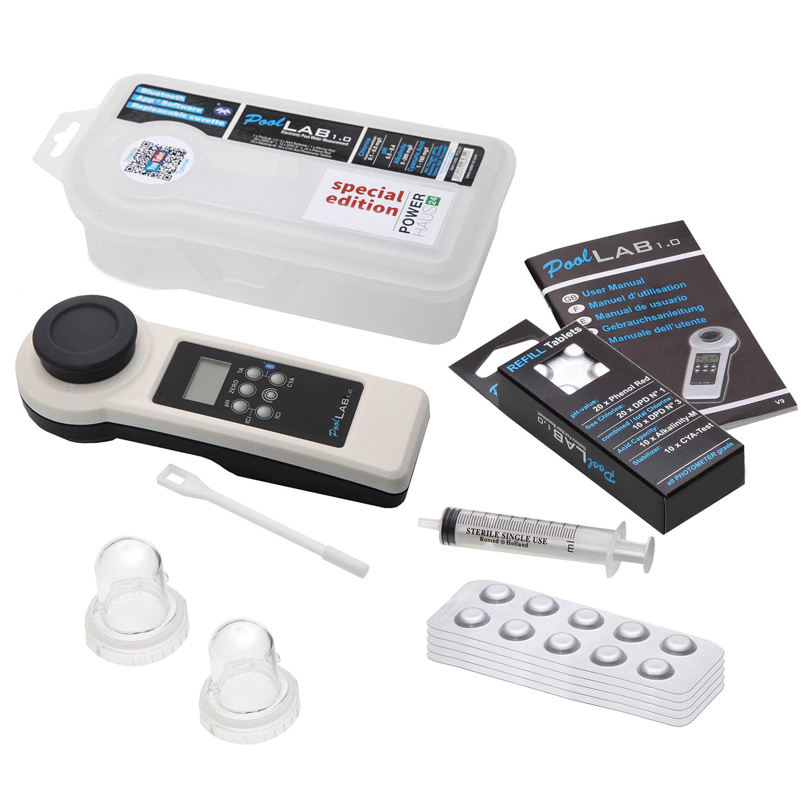 POWERHAUS24 Special Edition: 13 in 1 PoolLAB® 1.0 elektronischer Wassertester mit 70 Testtabletten inkl. Ersatzküvette