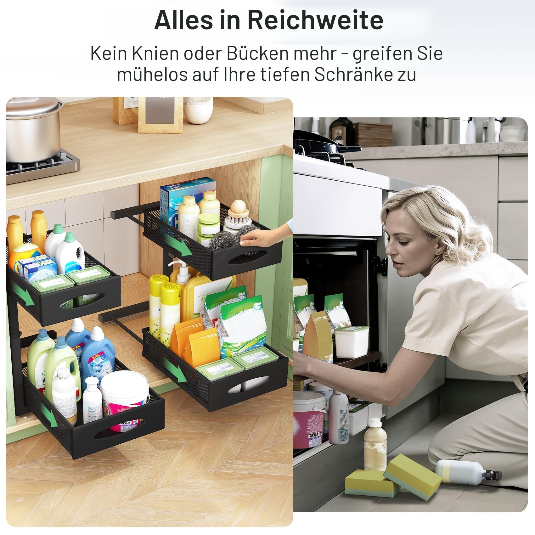 Kitstorack Küchen Organizer - Metall Spülschrank & Unterschrank Organizer mit 2 Ebenen und Höhenverstellung - Schubladen mit Schiebemaschen für Küche, Bad, Speisekammer