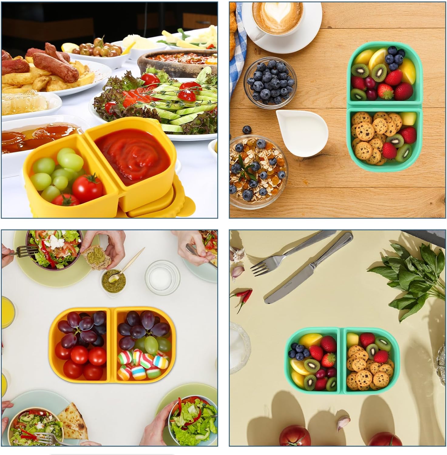 2pcs Double 2 Compartment Snack Containers with Lids, Reusable Silicone Snack Box Boxes Leak-Proof Food Storage Containers for Sauce Condiments Salad - Image 7