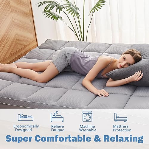 Miniatura 3 de Cubrecolchón tamaño matrimonial, almohadilla refrescante para cama, funda gruesa para el dolor de espalda, relleno alternativo de plumón suave,