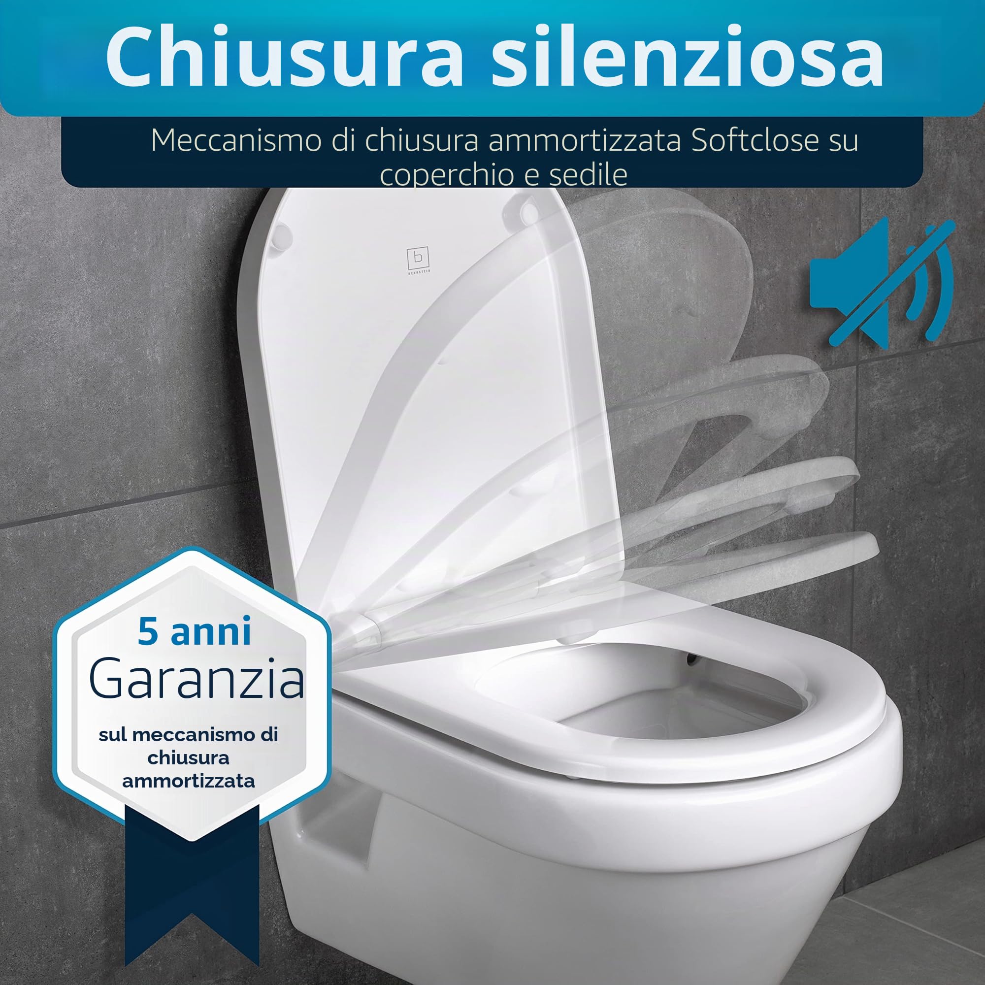 Benkstein® Coperchio WC con abbassamento automatico a forma di D bianco – sedile WC antibatterico – sgancio rapido per una facile pulizia – montaggio facile – Urea-Duroplast – rimovibile – portata
