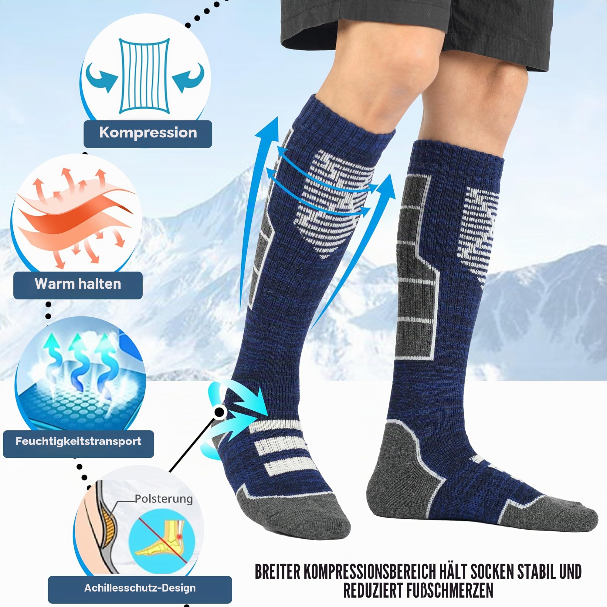 MOSEY KOSY 3 Paar Unisex Merino Wolle Skisocken Thermo Warme Winter Dicke Kniehohe Lange Sport Socken für Wandern Skifahren