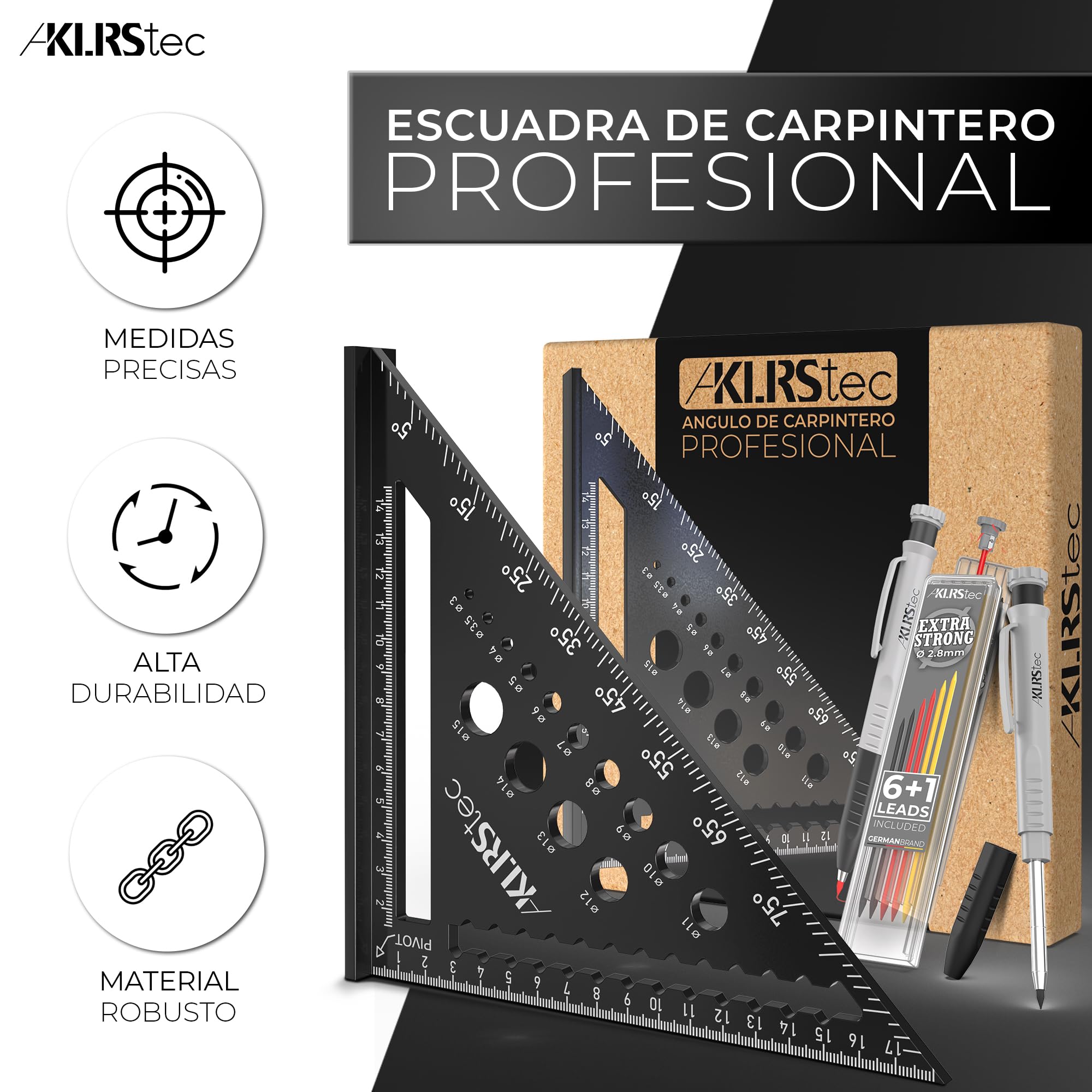 KLRStec Escuadra de Carpintero Profesional – Juego de Herramientas para la madera multifunción. Lapiz de carpintero y minas de repuesto incluido [7 Piezas]