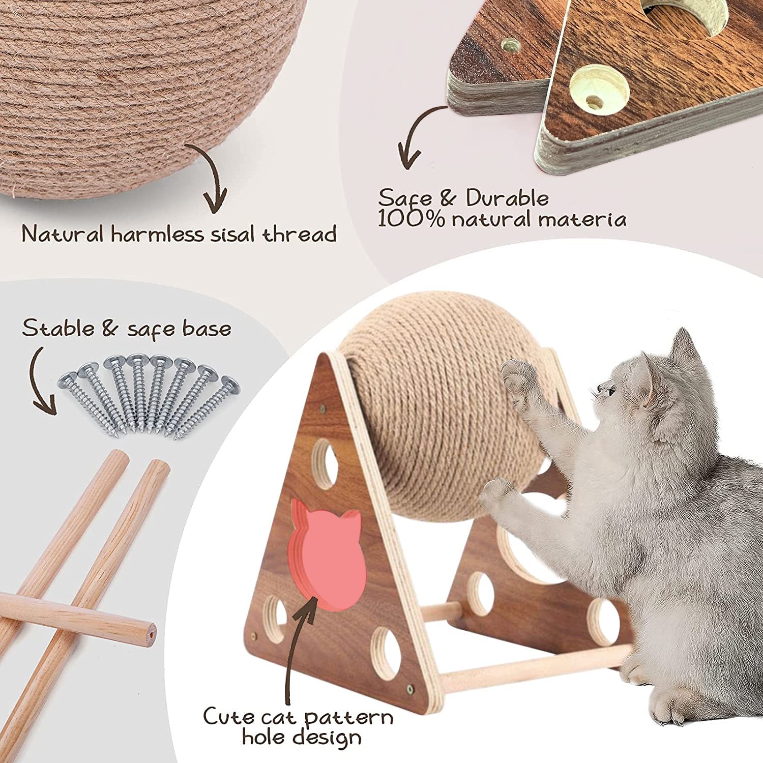 Juguete rascador para gatos, cuerda de sisal natural, bola rascadora para gatos, gatitos, perros y cachorros, juguete interactivo de madera maciza para mascotas (enorme)