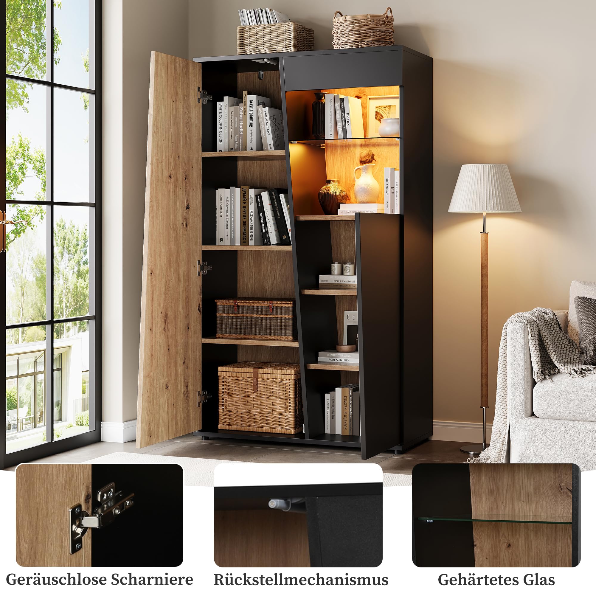 Tidyard Vitrina Expositor Independiente con Luces LED Bluetooth | Mueble de Almacenamiento y Exhibición con Puertas de Cierre Suave | Estantería Alta para Salón, Dormitorio o Estudio | 9 Compartimento