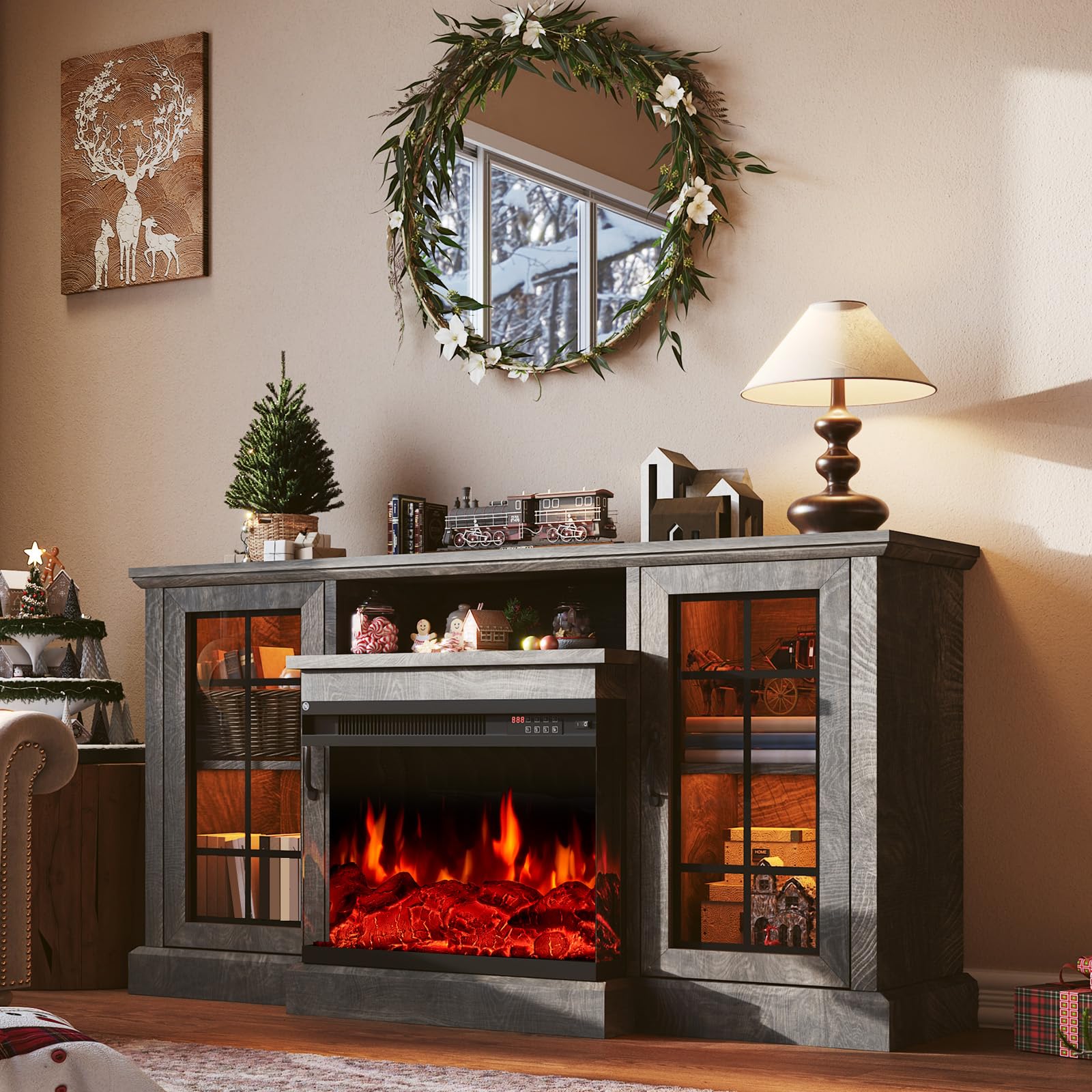 OneBlis 59'' Fireplace TV Stand, 3 Sided Glass Media Entertainment Center Console Table for TVs up to 65'' with Glass Door, Adjustable Flame LED Color