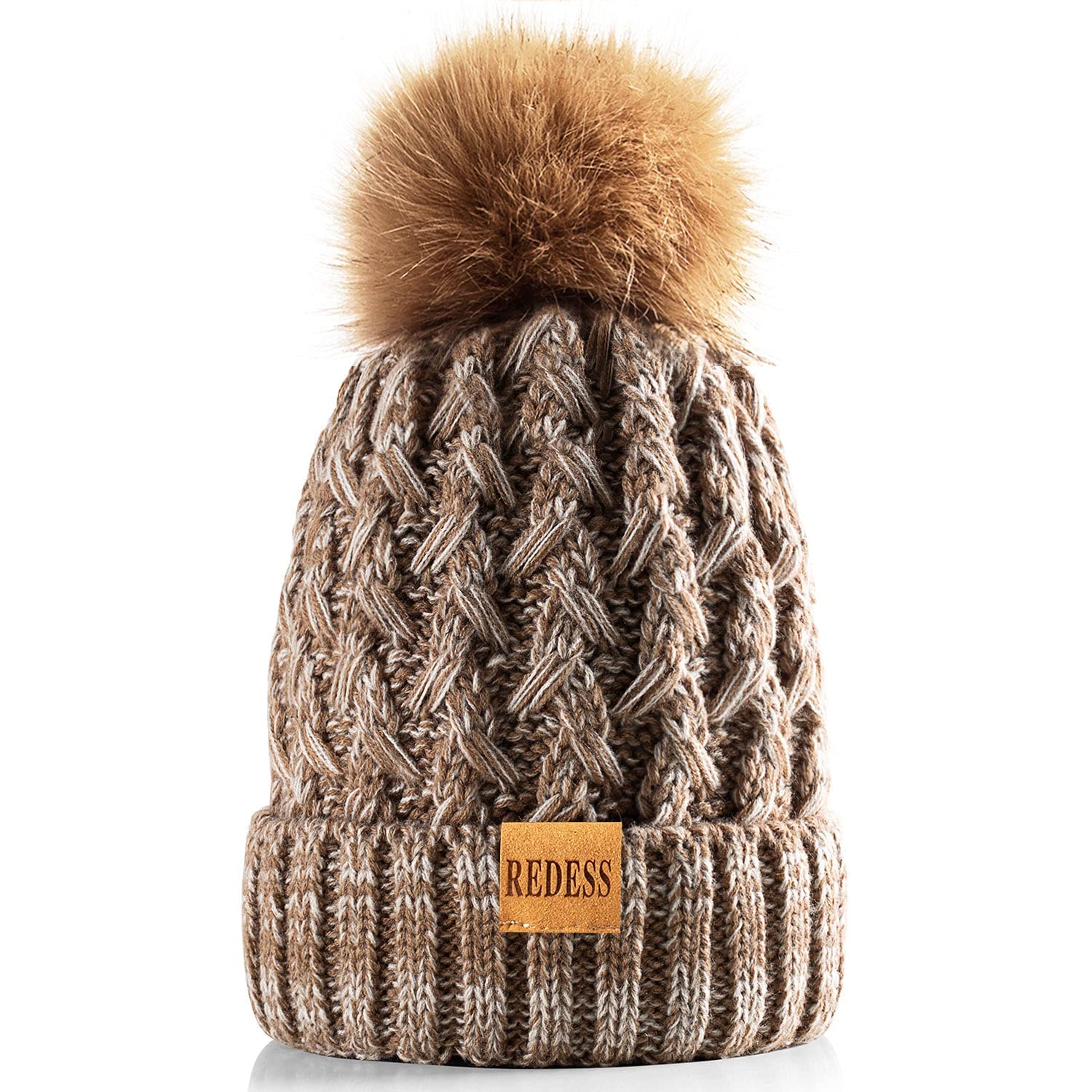 REDESS Cappello Invernale da Donna con Pompon con Pompon Cappelli Caldi Foderati in Pile, Berretto Incrociato in Maglia di Neve Spessa e Morbida per Le Signore