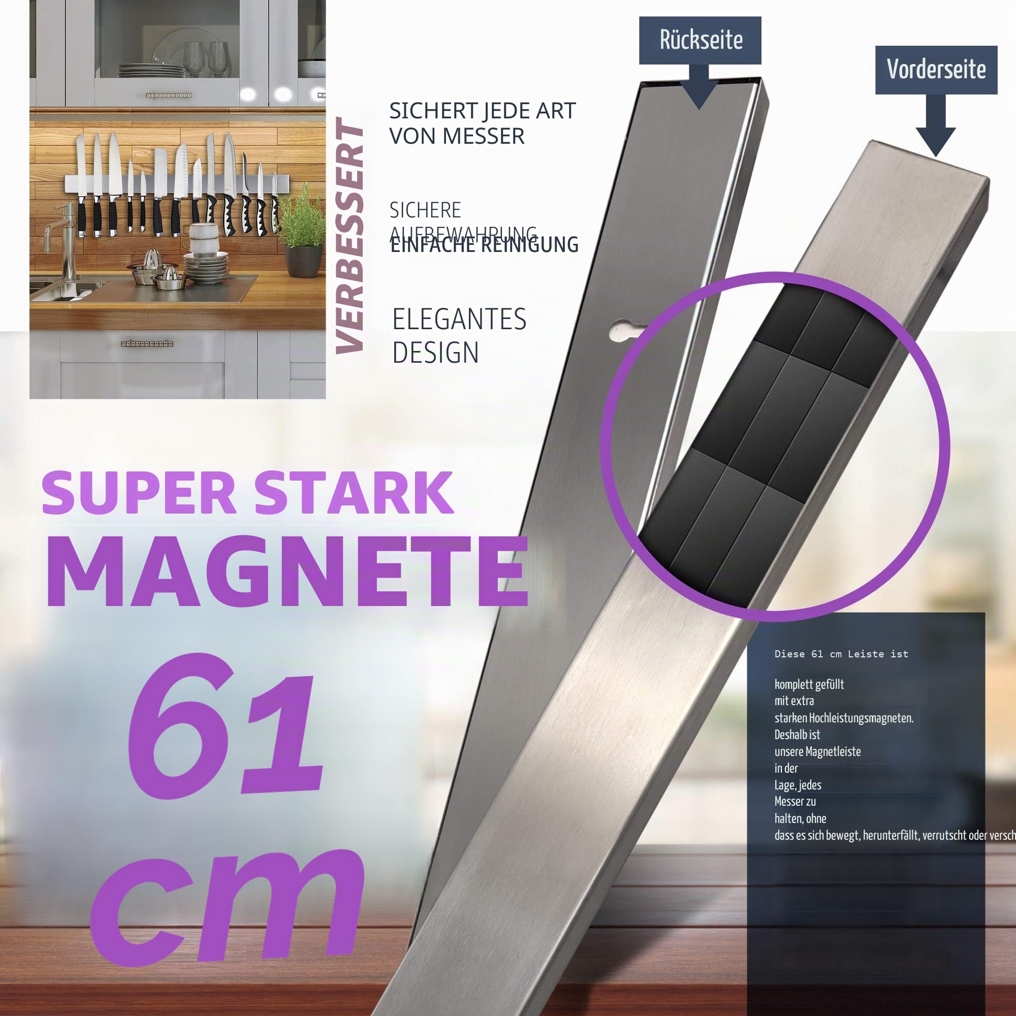 Premium 61cm Magnetleiste Messer für Wand (Große Größe) - Extra Starker Messerhalter Magnetisch - Platzsparende Messerleiste Magnetisch Mit Starker Zugkraft (Aktualisierte Version)