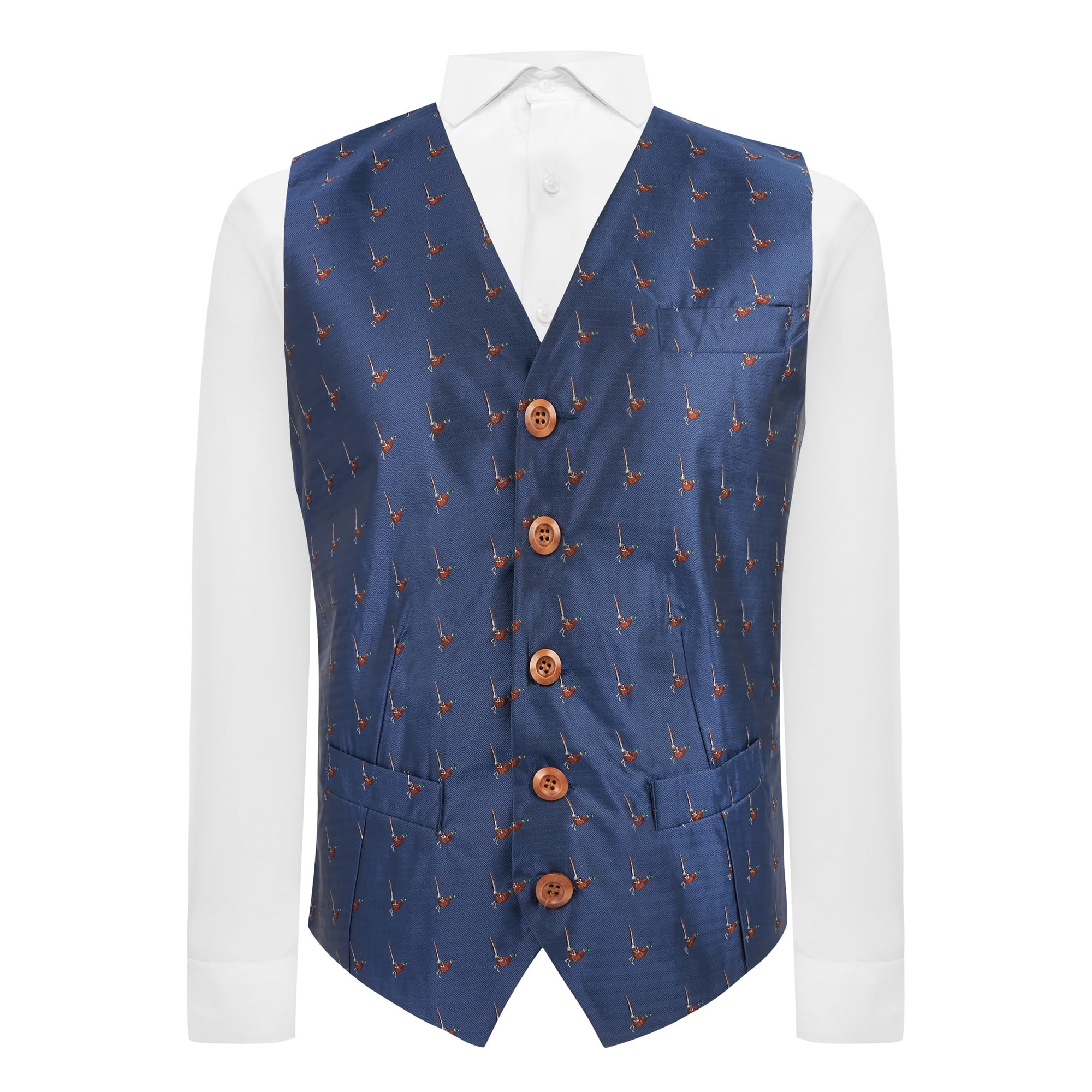 King & Priory Navy Blue Herringbone Embroidered Pheasant Waistcoat - S