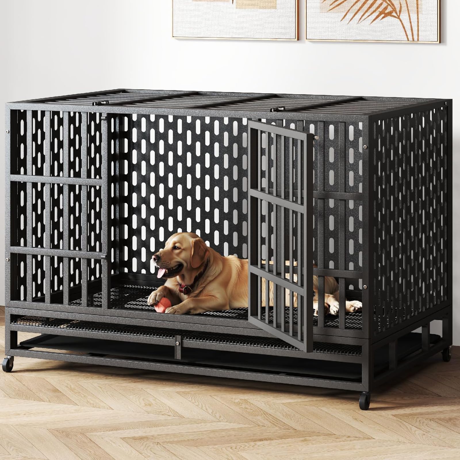 HIWOKK 48 Inch Heavy Duty Indestructible Dog Crate Steel Escape Proof, Indoor Double Door High Anxiety Cage, Kennel with Wheels, Removable Tray, Extra Large XL XXL - image 7