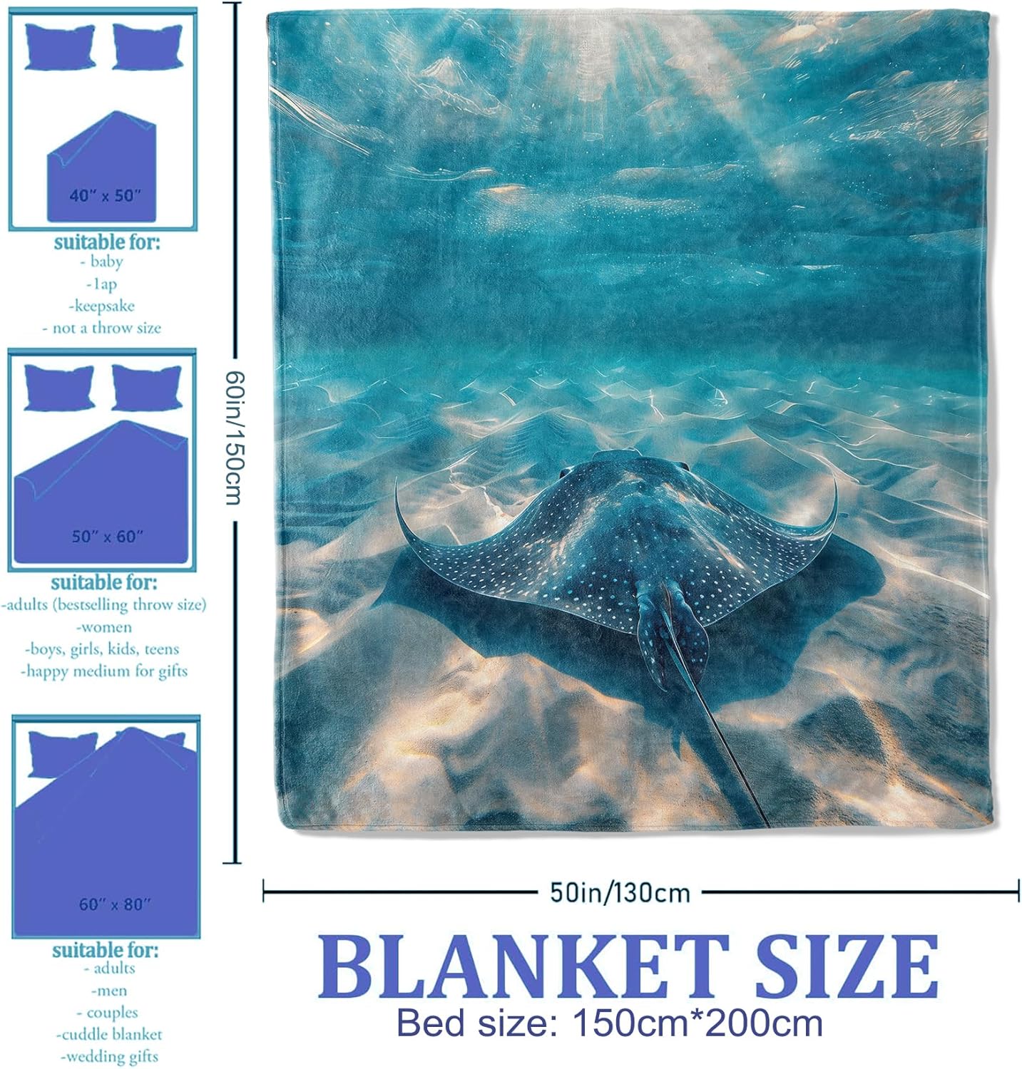 Blue Ocean Stingray Throw Blanket 50x60, Fish Theme Blankets for Living Room Decor, Soft Flannel Stingray Gifts for Adults and Kids