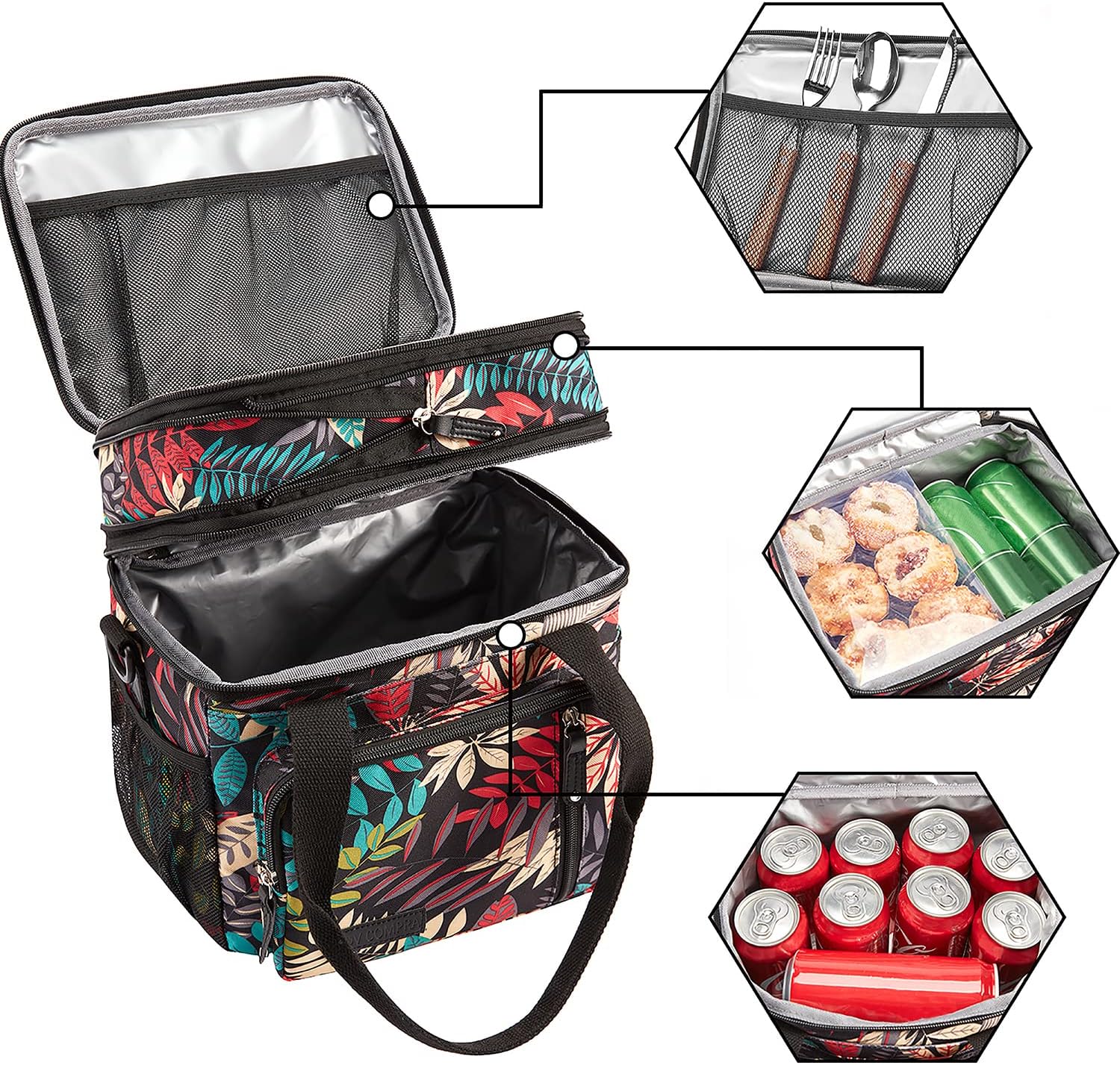 MOV COMPRA Leaf Printed Leakproof Expandable Large Double Deck Lunch Box Cooler Bag for Women Men, Beach Cooler Bag with Removable Shoulder Strap
