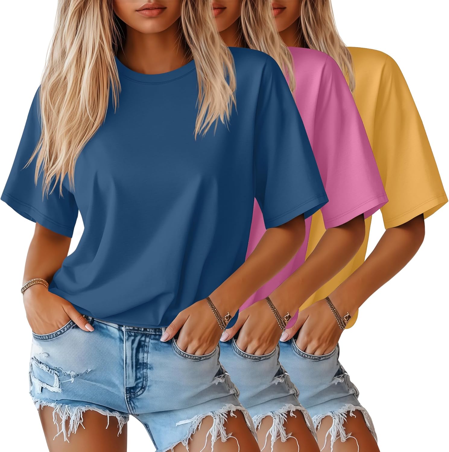 Huukeay 3 Pack Women's Half Sleeve T-Shirts, Crew Neck Elbow Length Tops Loose Casual Basic Tees Summer Cotton Tunic Tops