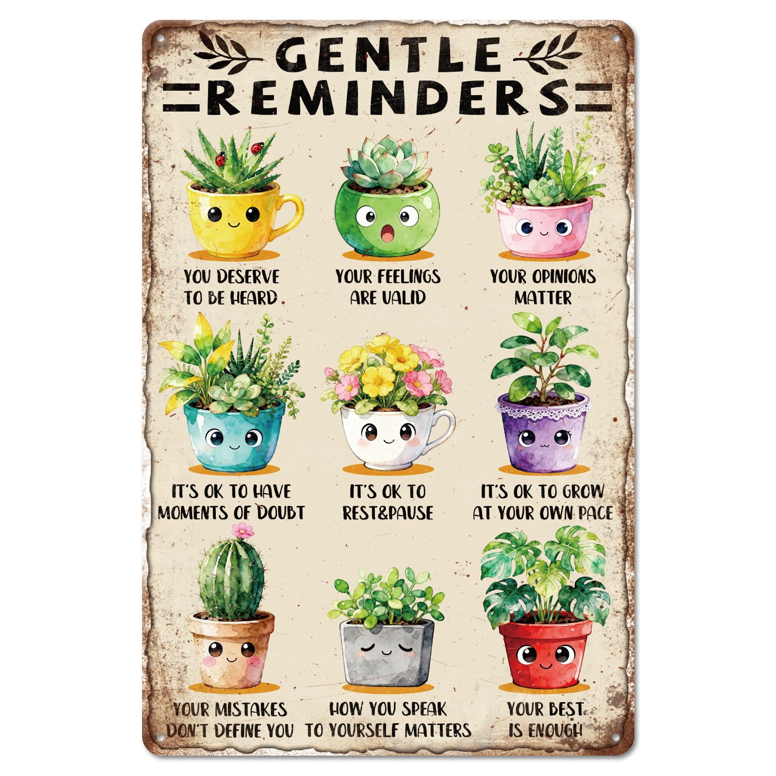 GLOBLELAND Vintage Cute Potted Plants Metal Tin Sign 12x8 inch Funny Gentle Reminders Succulent Tin Signs Decor Retro Bohemian style Metal Wall Plaque for Home Room Farmhouse Cafe Store Garden Decor — image 1