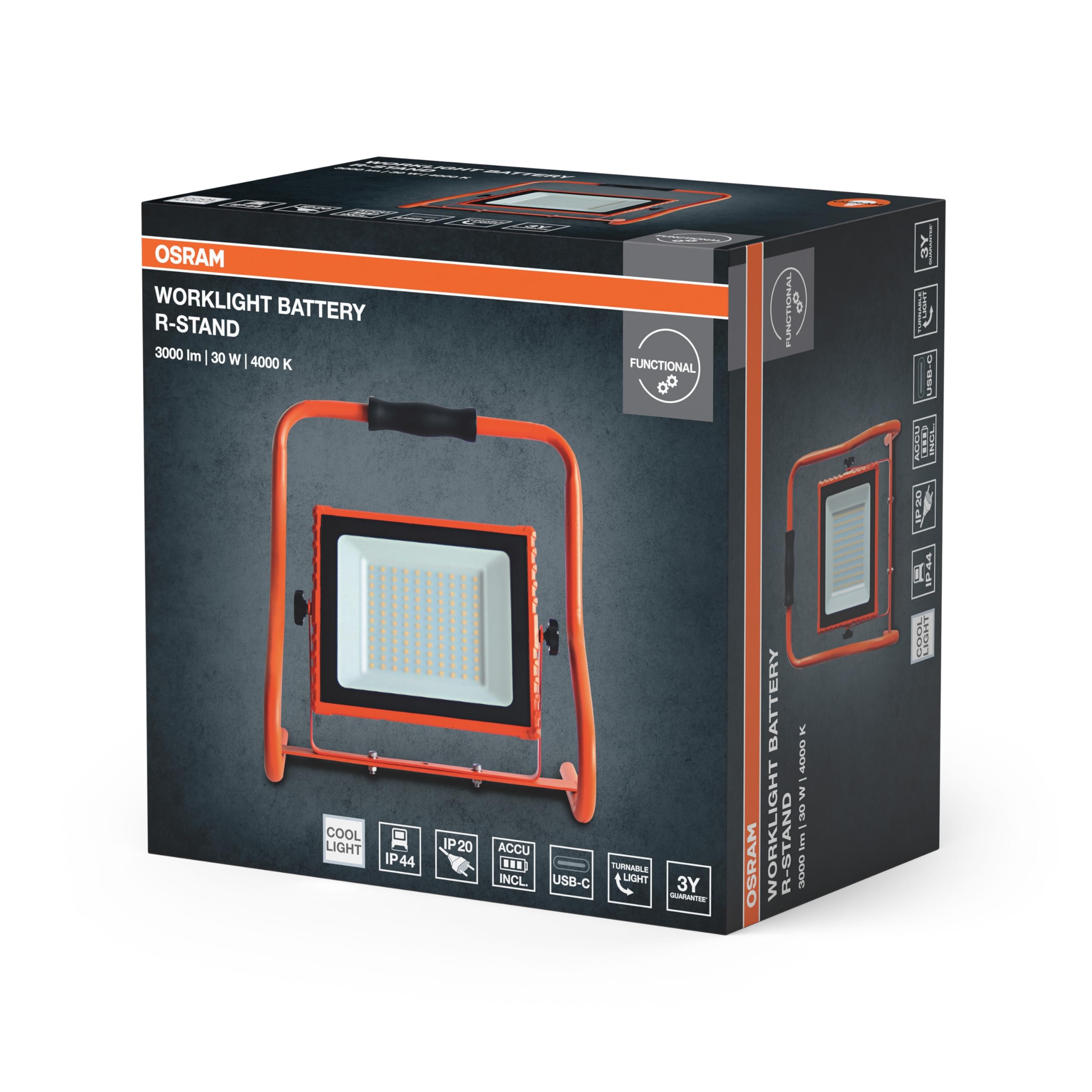 OSRAM Lampa robocza zasilana akumulatorem R-Stand 30W 4000K w kolorze pomarańczowym z obudową aluminiową, stopień ochrony IP44, do renowacji, piwnic i garaży