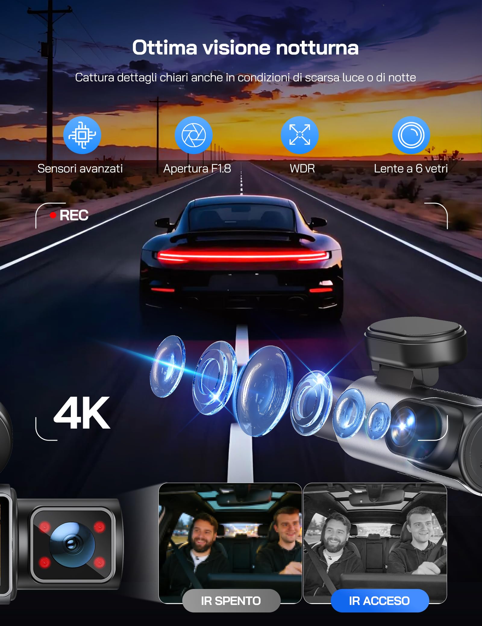 WOLFANG Dash Cam Auto 4K, Telecamera WiFi Tripla Anteriore e Posteriore, Schermo da 3.19", Super Dashcam con Visione Notturna, Monitor di Parcheggio, Sensore G, 170° Grandangolo, WDR