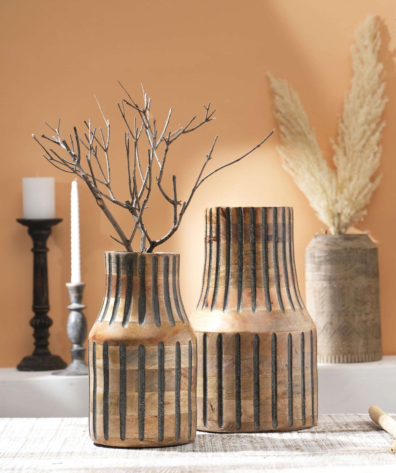 Designer Library- Abeer Handmade Wooden Flower Vase, Dining Table Decorative Items, Flower Pots for Home Decoration, Natural & Ash Grey Mango Wood, Large 9.5'x 15' and Small 7'x 12' Inches (Set of 2)