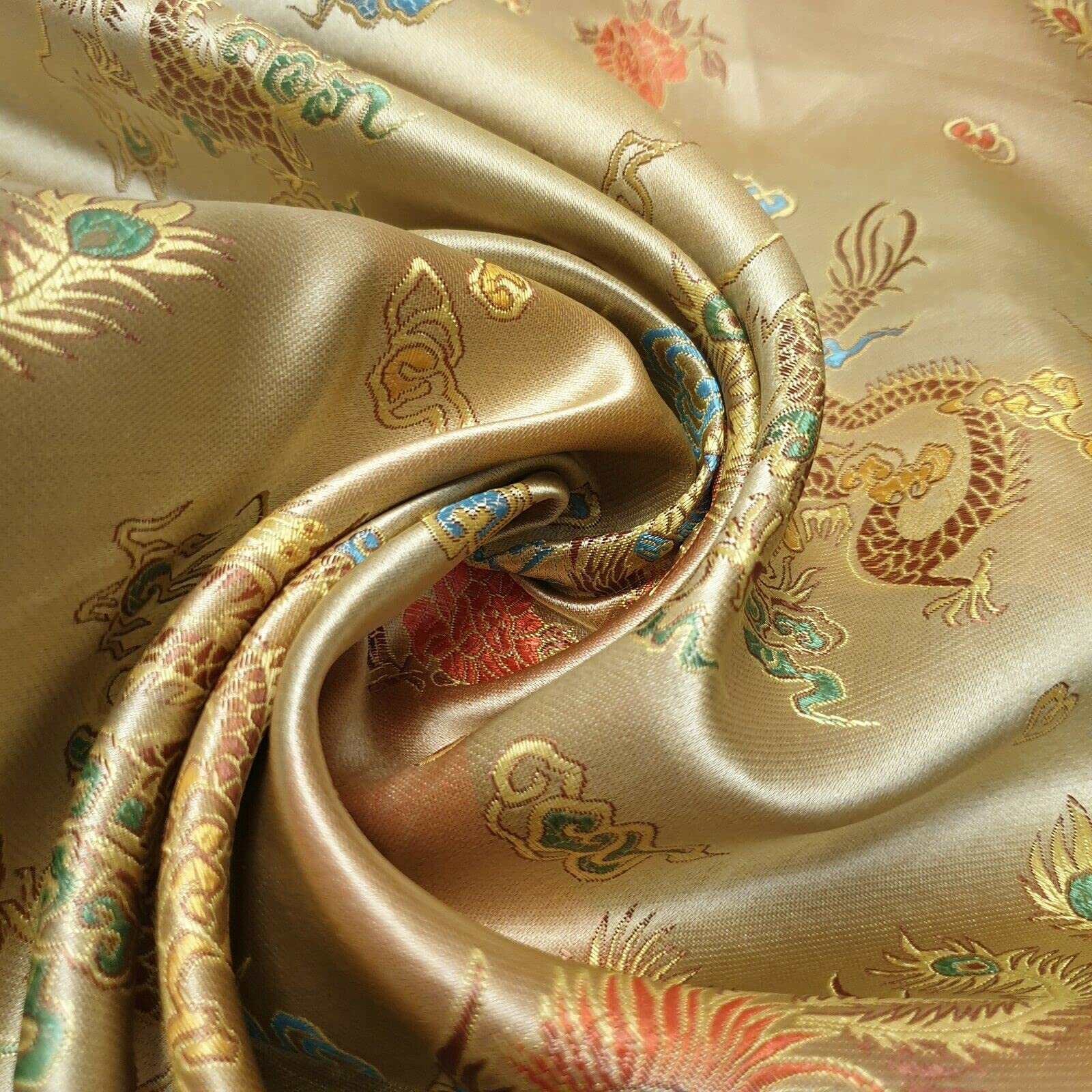Discount Fabrics Ltd Gold Chinese Brocade Fabric Traditional Dragon Dress Embroidered Silk Satin Oriental (Gold)