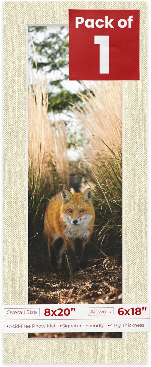 8x20 Mat Bevel Cut for 6x18 Photos - Acid Free Fresh Linen Canvas Precut Matboard With Backing Board and Crystal Clear, Self Seal Photo Mat Bag - For Pictures, Photos, Framing - 4-ply Thickness