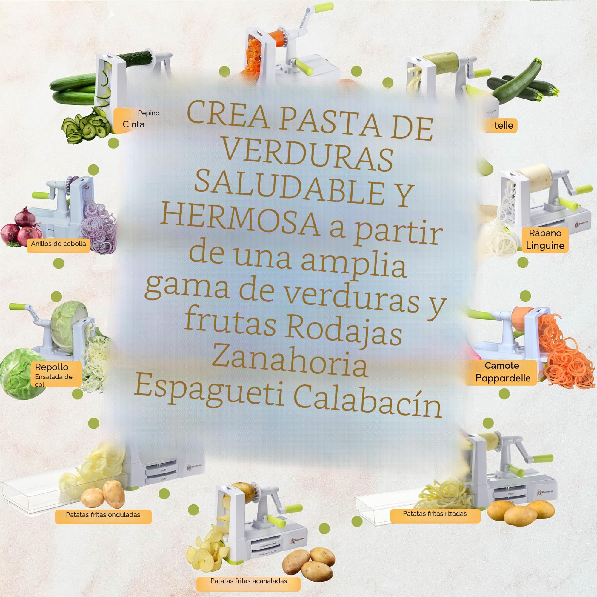 Brieftons - Espiralizador de 10 hojas: más fuerte y más pesado cortador de verduras en espiral, mejor espaguetis de pasta vegetal para baja en carbono, paleo, sin gluten, con bandeja para cuchillas