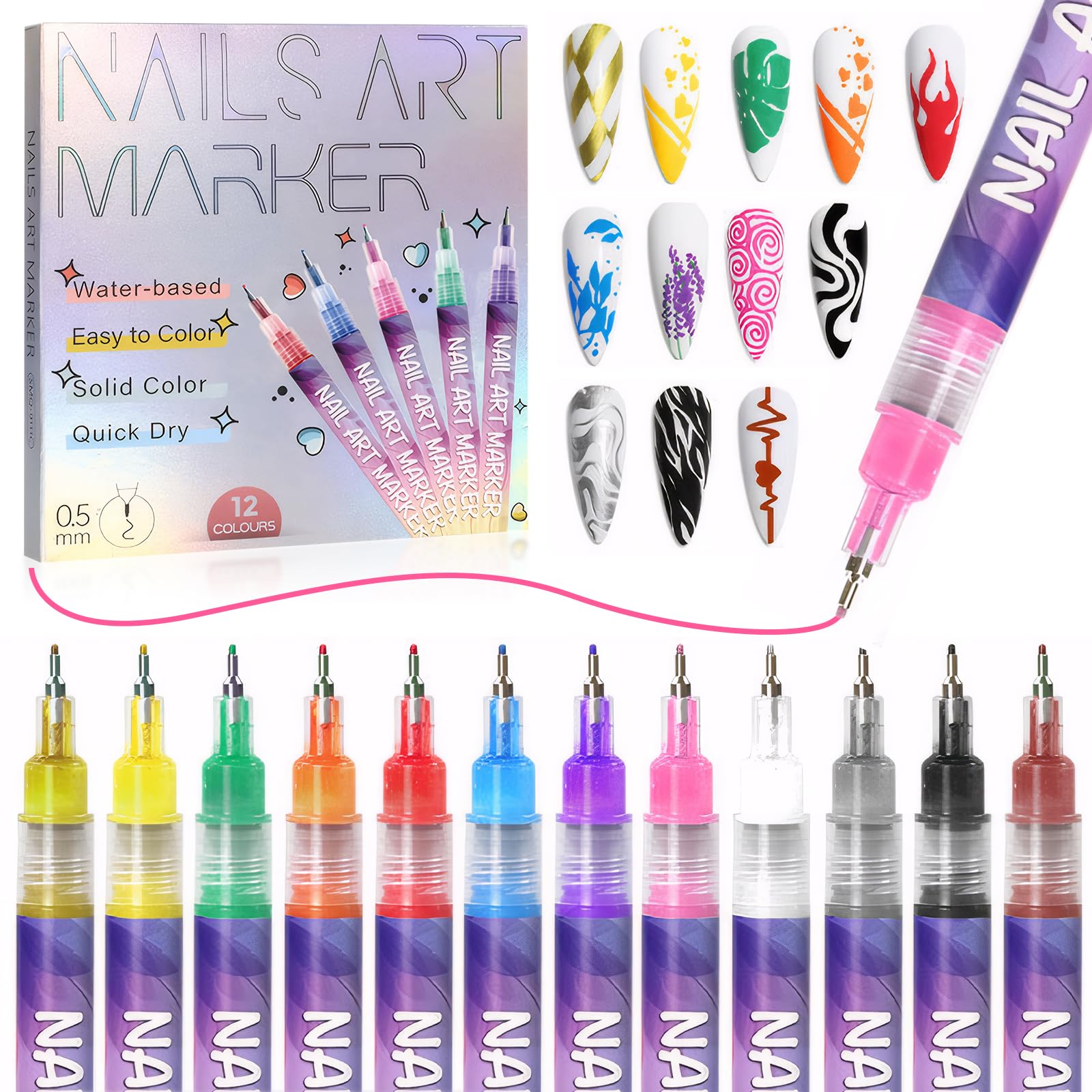 12 Color 3D Nail Art Pens Set