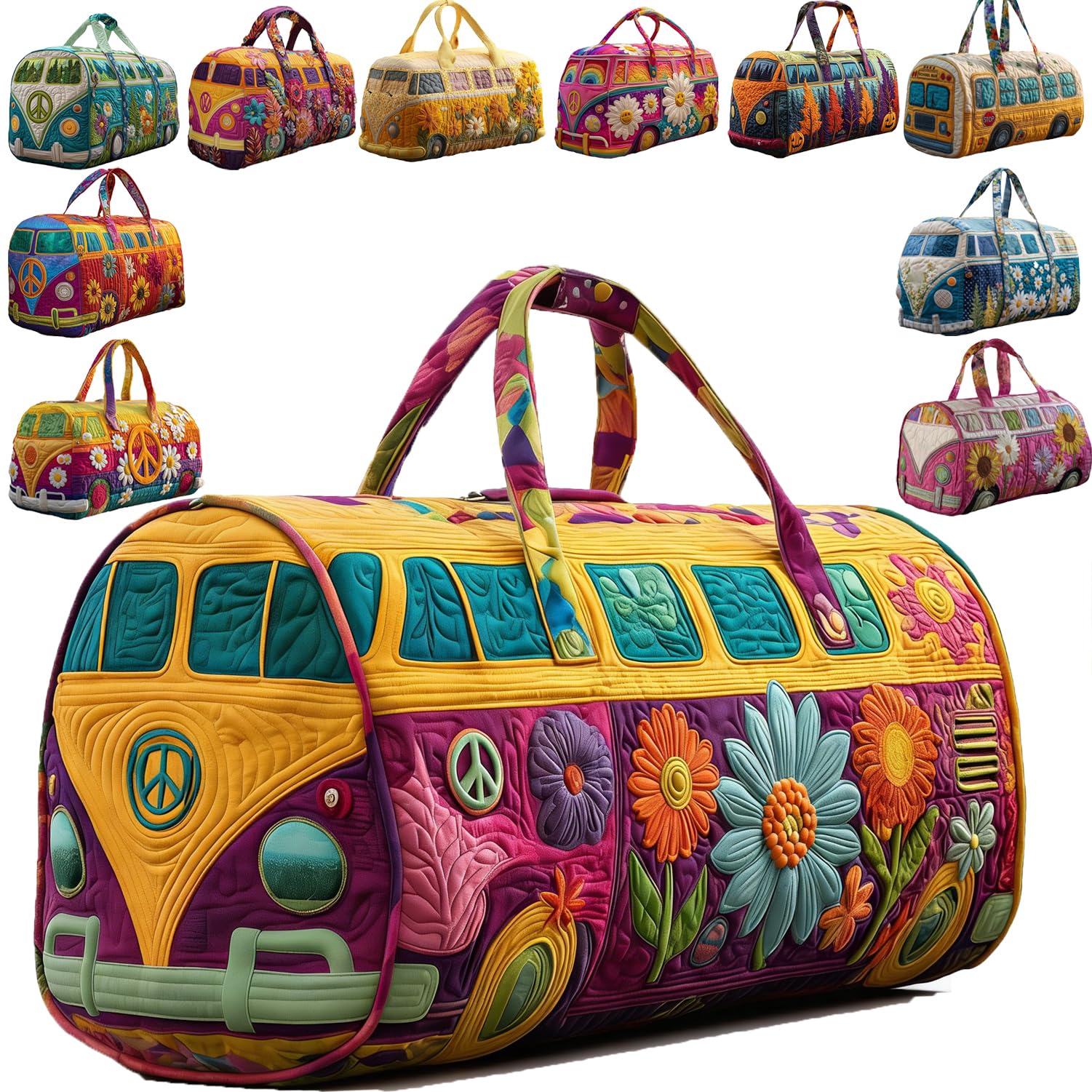 Hippie Van Quilted Duffle Bag, Boho Weekender Travel Bag, Retro Floral Style Camping Bag With Adjustable Strap, Suitable For Picnics, Camping, Family