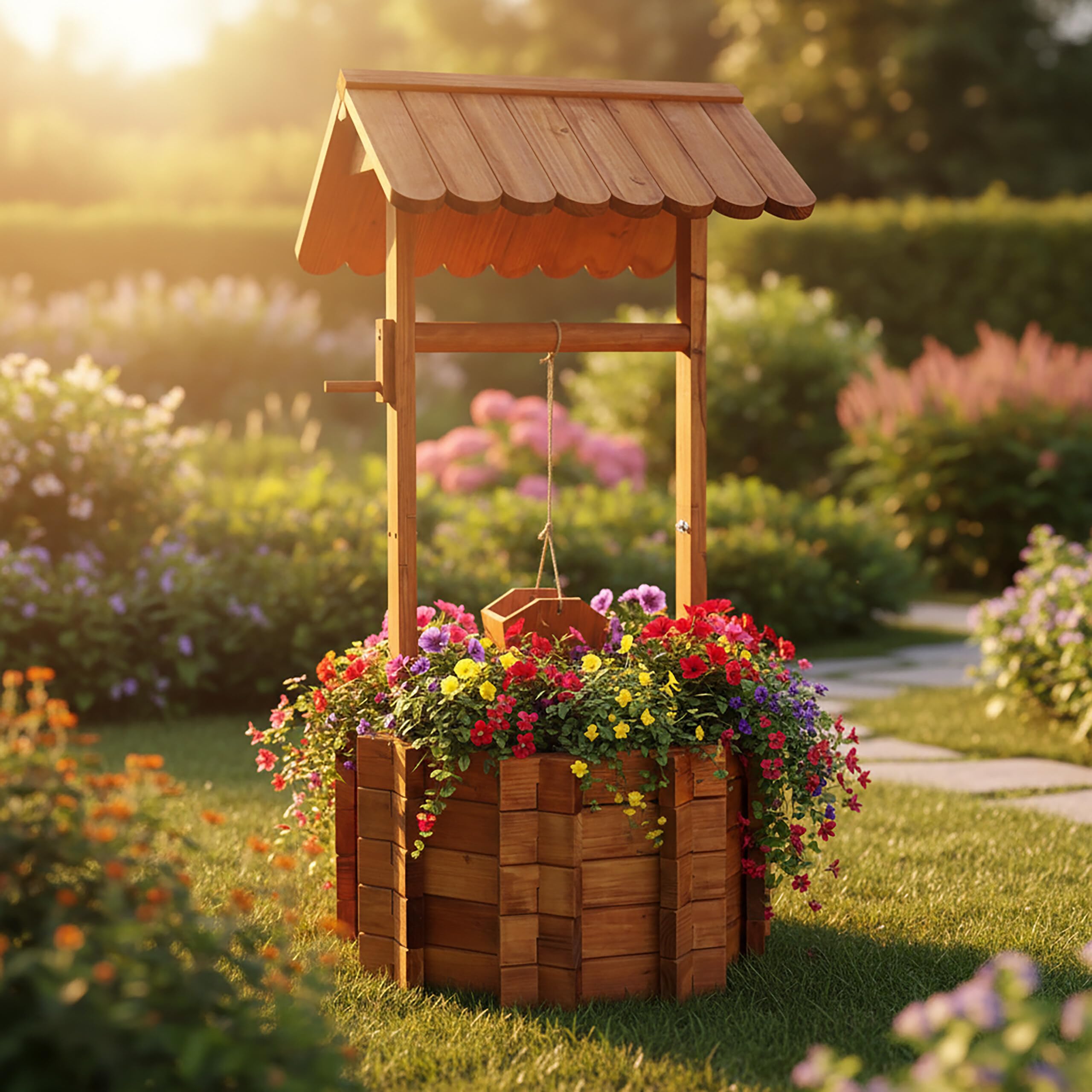 Relaxdays Fontaine décorative en Bois avec bac à Plantes, Seau et manivelle, 114 x 56 x 56 cm, Orange