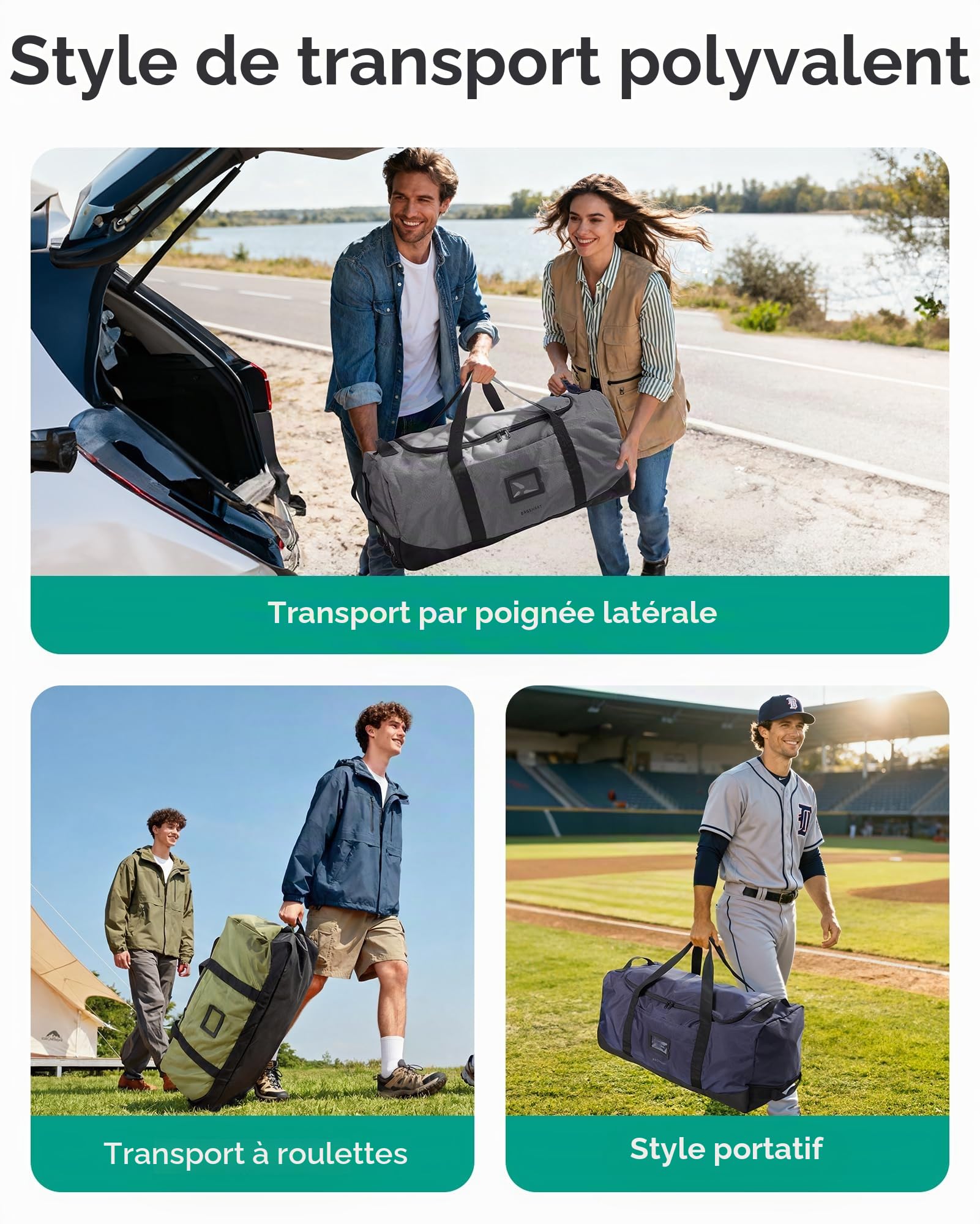 BAGSMART Sac de voyage pliable avec roulettes, 80 l, léger, 3 rouleaux, grand sac de voyage pour homme et femme, peut être enroulé et rangé, marron