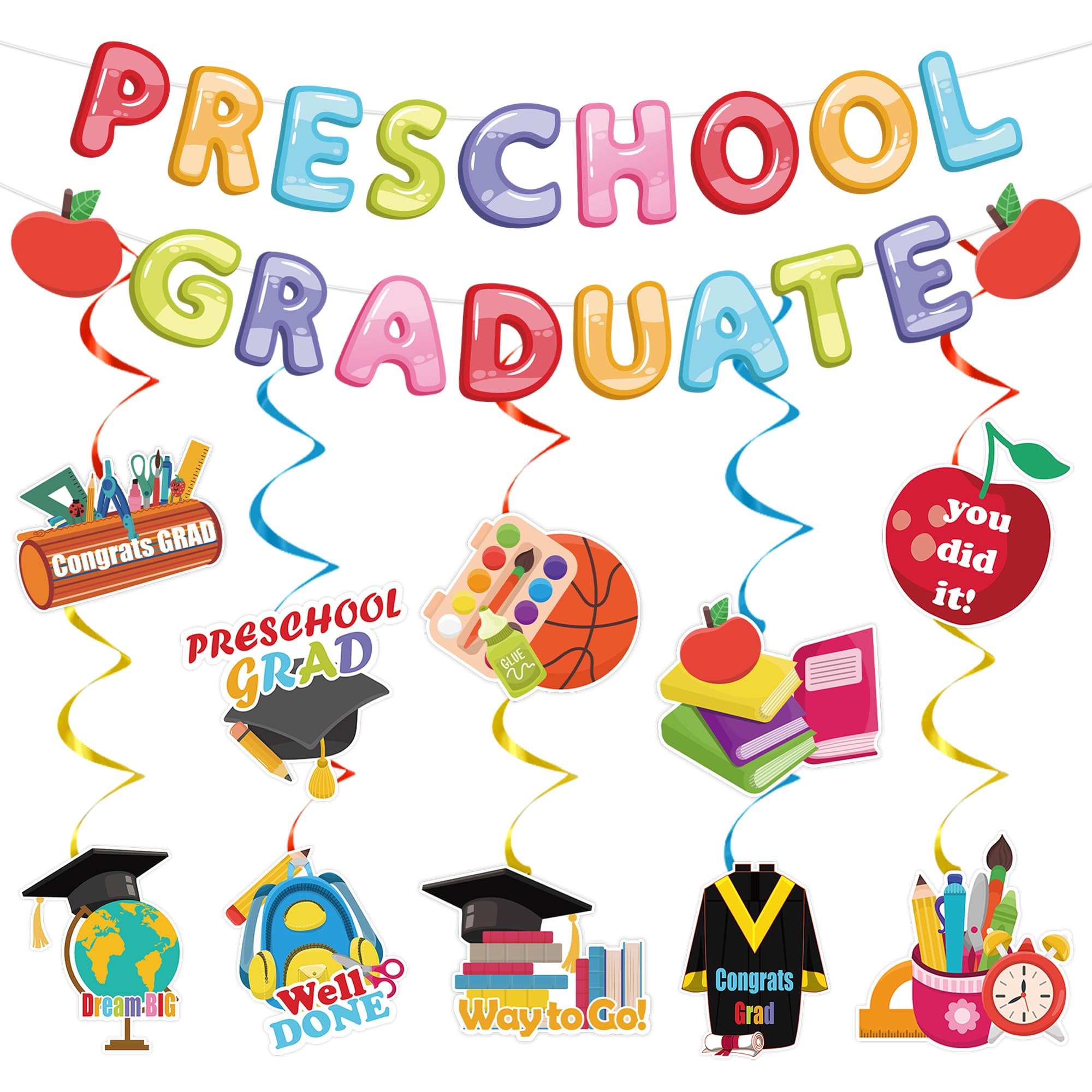 Preschool Graduation Decorations, Preschool Graduate Party Supplies 2pcs Banner 10pcs Swirl Decorations for Kindergarten Graduation Party Decor