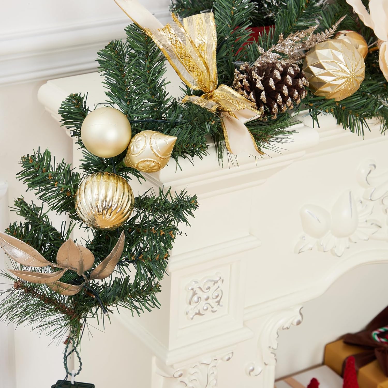 6ft Christmas Garland with Lights, Prelit Outdoor Christmas Garland with Timer 20 LED Lights Pine Cones Gold Ball Ornaments Bow for Mantle Fireplace Stairs Railing Indoor Decorations, Battery Operated - Image 7