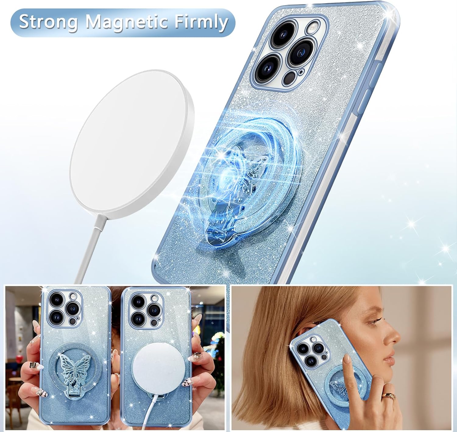 for iPhone 14 Pro Case with Stand [Compatible with Mag Safe], for iPhone 14 Pro Phone Case with Wrist Strap Shockproof Protective Soft Cover Bling Kickstand for Women Girls, Blue image 3
