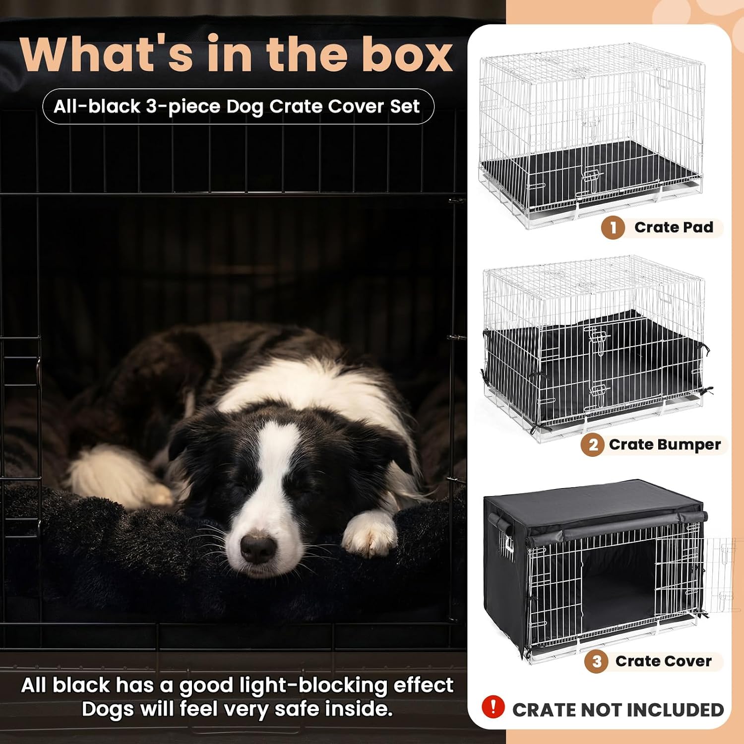 Lounsweer 3 Pcs Dog Crate Cover Set with Kennel Cover Fit for 36 Inch Wire Crate, Bed Mat & Bumper Pad, Blackout Pet Kennel Sunshade Accessories, Light Reducing Dog Training Privacy, Cage Not Included