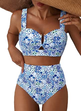 Herseas Women's 2 Piece U Wire Cutout Bikini Sets Floral Print High Waisted Swimsuit