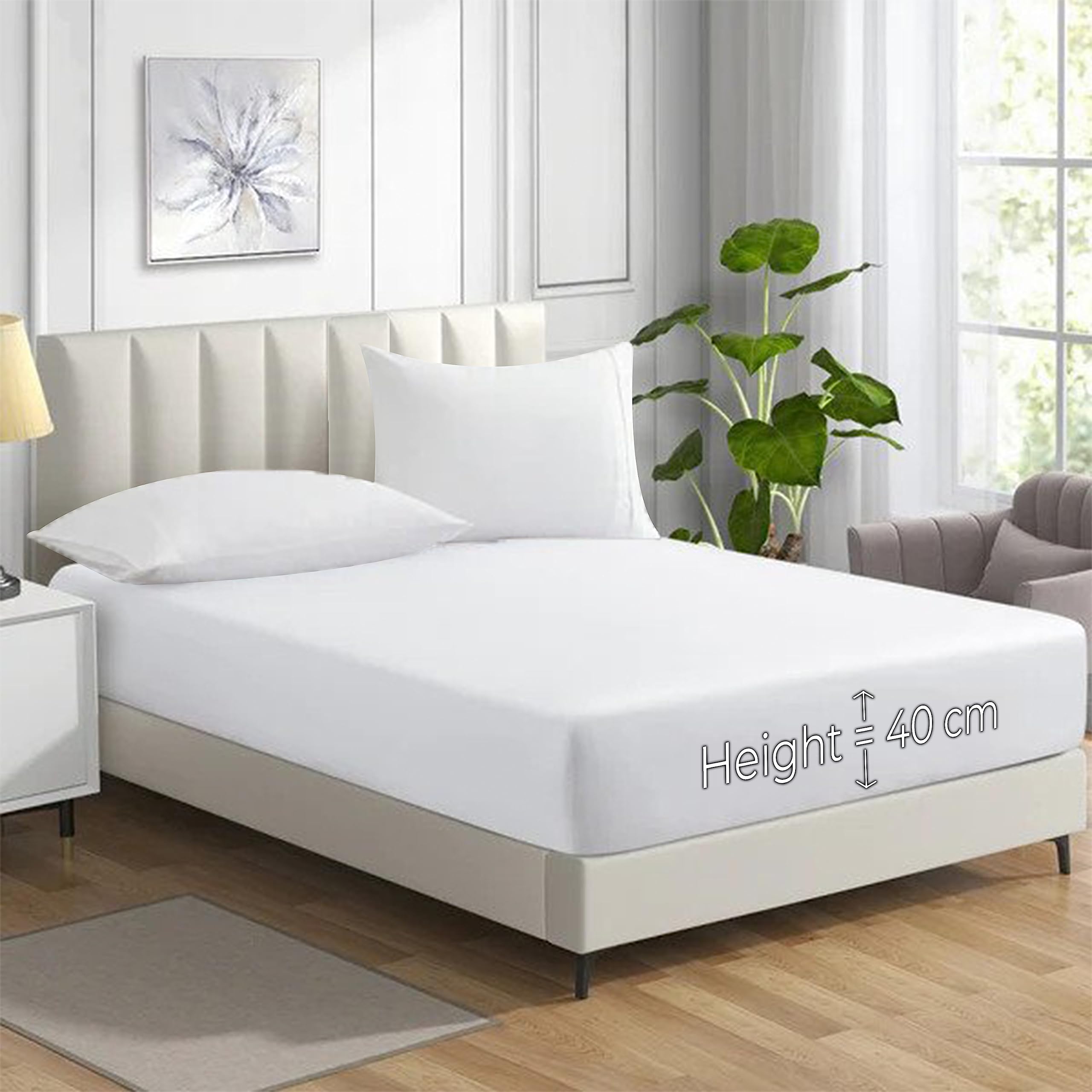 Hadi London White Polycotton Fitted Sheets For Single Double King Super King Size Bed Plain Dyed 40 Cm Extra Deep Fitted Sheet Cover With 200 Thread Count And Elasticated Edges (, King)