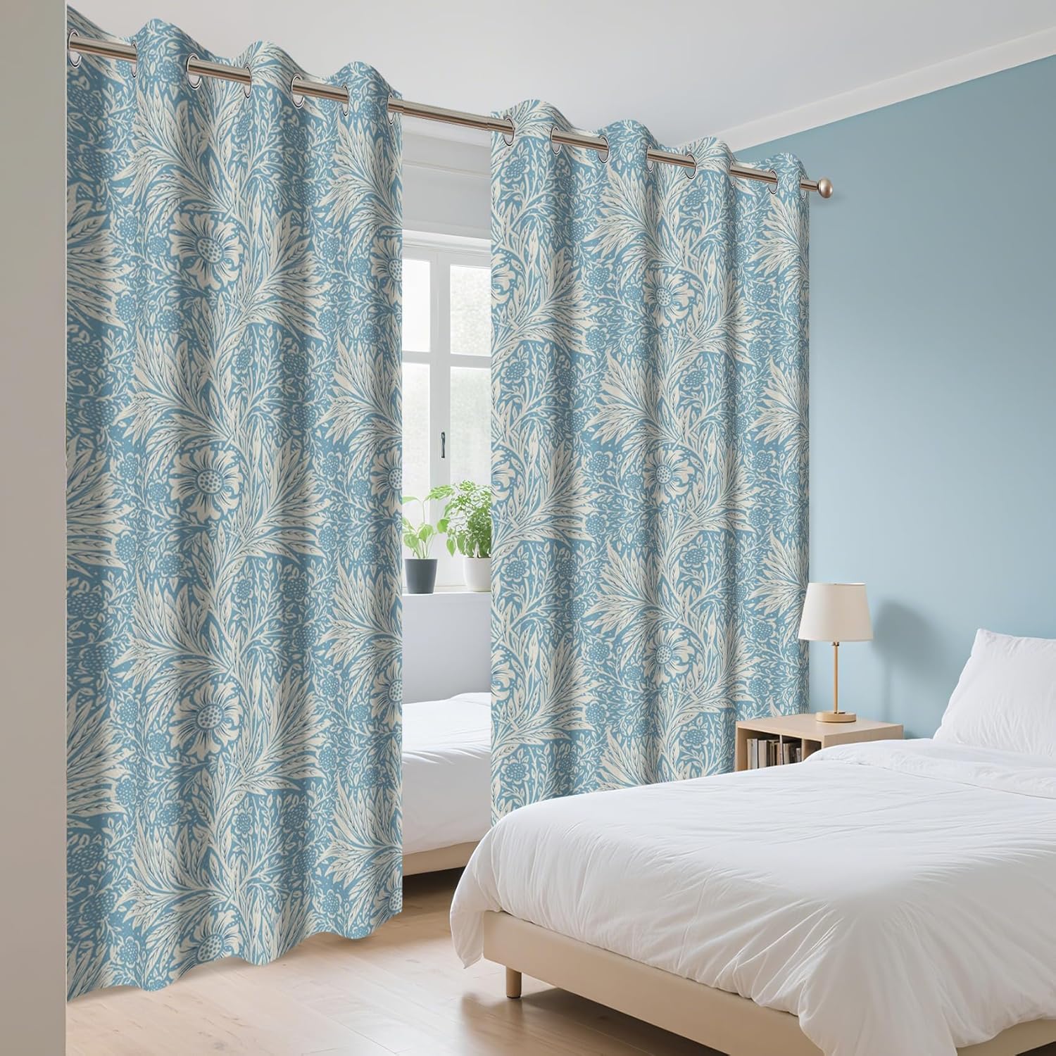 AWERT Plants Thick Linen Window Curtains 84 inch Length 2 Panels Blue Flowers Leaves Printed Beige Light Filtering Drapes for Room Dividers Bedroom Living Room Patio Door Curtains 52x84 Inches