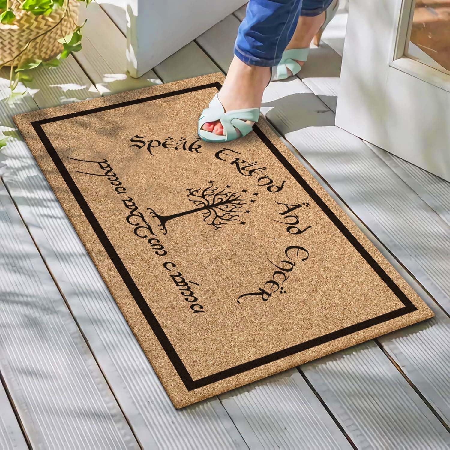 Welcome Door Mat Speak Friend and Enter with the Elvish Outdoor Indoor Entrance, Low-Profile Floor Mats Non Slip Durable Entrance Rugs for Entry, Patio, High Traffic Areas Front Door, 17" x 29.5"