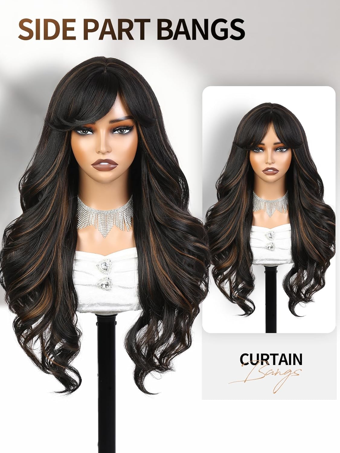 WIGER Brown Highlight Long Curly Wigs Layered Wavy Hair with Bangs Synthetic Full Wig for Women Daily Use