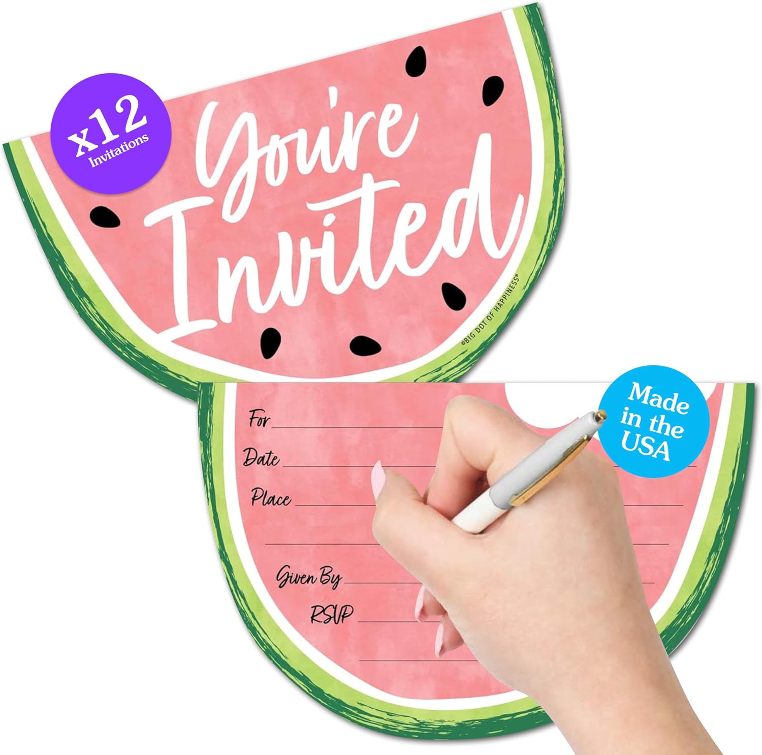 Big Dot of Happiness Sweet Watermelon - Shaped Fill-In Invitations - Fruit Party Invitation Cards with Envelopes - Set of 12