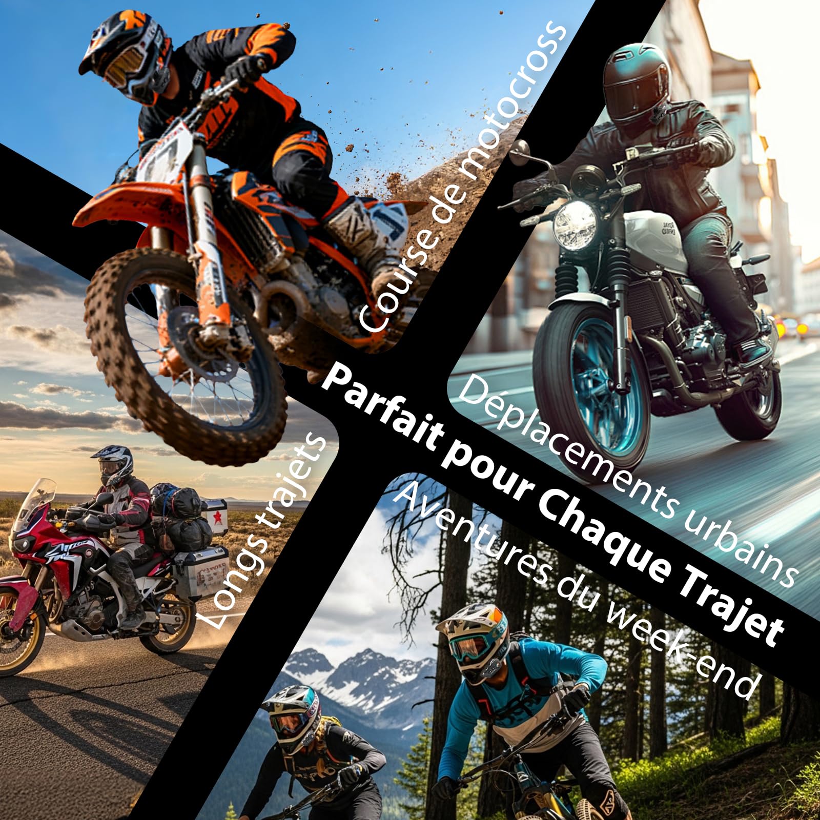 Moman Écouteurs Casque Moto-1000mAh Batterie, RS-H4P Kit Main Libre Moto avec HiFi Haut Parleur Micro Soft/Hard Double Réduction du Bruit RGB/Radio FM/AI Commande Vocale Étanche IPX6