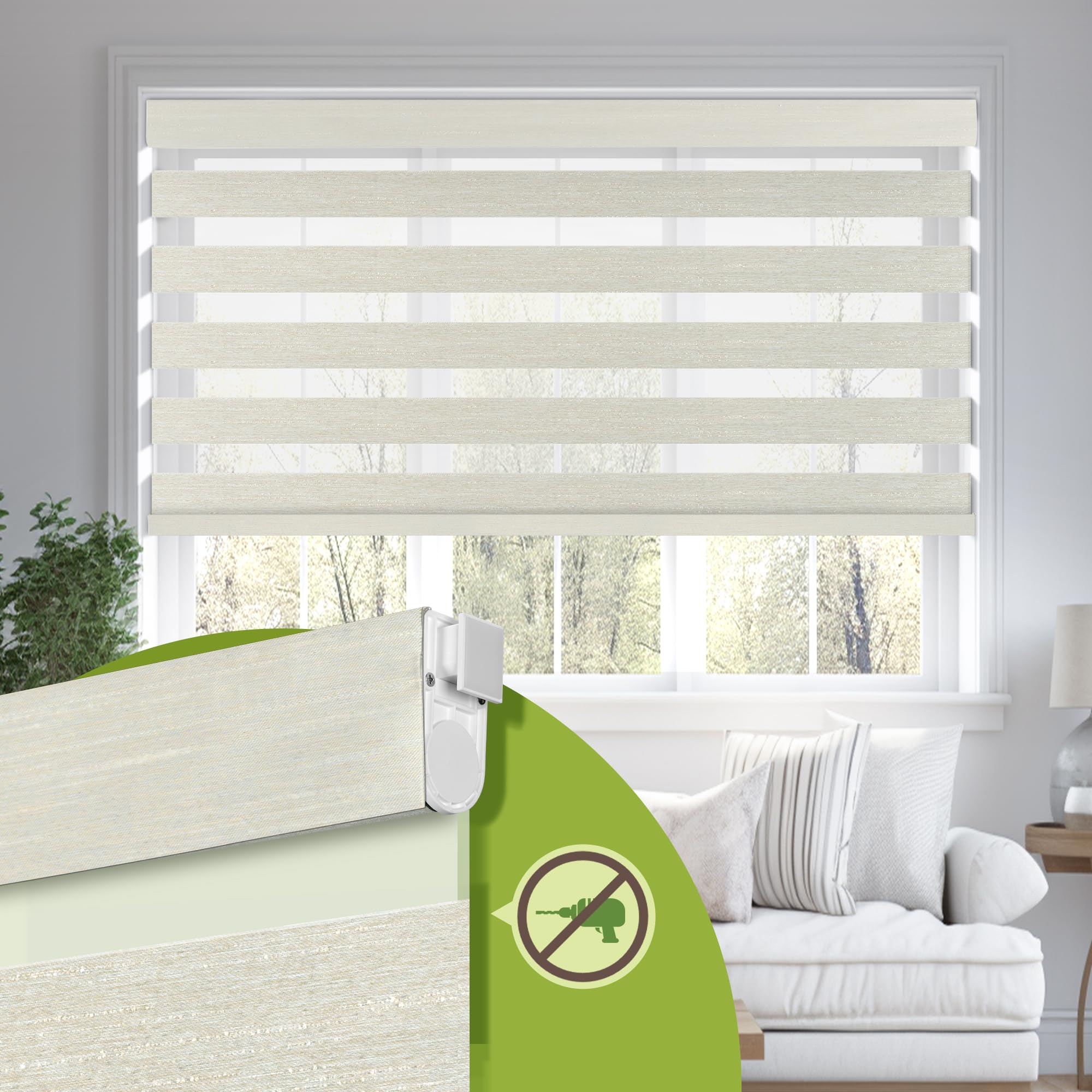 MoDanCeQ No Drill No Tools Cordless Dual Layer Zebra Blinds for Windows, Blackout Zebra Shade for Indoor Windows,Easy to Install Thermal Insulated