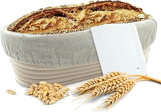 riijk Banneton à Pain + Racleur de Pâte - Panier Naturel (Oval, Ø 35 cm) pour Faire Son Propre Pain - Tissu en Lin Inclus - Serré avec de l’Acier Inoxydable